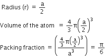 space Radius space left parenthesis straight r right parenthesis space equals space straight a over 2
Volume space of space the space atom space space equals space 4 over 3 straight pi open parentheses straight a over 2 close parentheses cubed
Packing space fraction space equals space open parentheses fraction numerator 4 over 3 straight pi open parentheses straight a over 2 close parentheses cubed over denominator straight a cubed end fraction close parentheses space equals space straight pi over 6