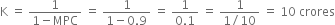straight K space equals space fraction numerator 1 over denominator 1 minus MPC end fraction space equals space fraction numerator 1 over denominator 1 minus 0.9 end fraction space equals space fraction numerator 1 over denominator 0.1 end fraction space equals space fraction numerator 1 over denominator 1 divided by 10 end fraction space equals space 10 space crores