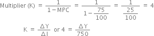 Multiplier space left parenthesis straight K right parenthesis space equals space fraction numerator 1 over denominator 1 minus MPC end fraction space equals space fraction numerator 1 over denominator 1 minus begin display style 75 over 100 end style end fraction space equals space fraction numerator 1 over denominator begin display style 25 over 100 end style end fraction space equals space 4
space space space space space space space space space space space space space space space space straight K space equals space fraction numerator increment straight Y over denominator increment straight I end fraction space space or space 4 space equals space fraction numerator increment straight Y over denominator 750 end fraction