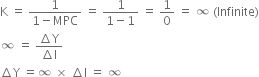 straight K space equals space fraction numerator 1 over denominator 1 minus MPC end fraction space equals space fraction numerator 1 over denominator 1 minus 1 end fraction space equals space 1 over 0 space equals space infinity space left parenthesis Infinite right parenthesis
infinity space equals space fraction numerator increment straight Y over denominator increment straight I end fraction
increment straight Y space equals infinity space cross times space increment straight I space equals space infinity