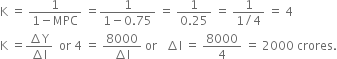 straight K space equals space fraction numerator 1 over denominator 1 minus MPC end fraction space equals fraction numerator 1 over denominator 1 minus 0.75 end fraction space equals space fraction numerator 1 over denominator 0.25 end fraction space equals space fraction numerator 1 over denominator 1 divided by 4 end fraction space equals space 4
straight K space equals fraction numerator increment straight Y over denominator increment straight I end fraction space space or space 4 space equals space fraction numerator 8000 over denominator increment straight I end fraction space or space space space increment straight I space equals space 8000 over 4 space equals space 2000 space crores.