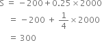 straight S space equals space minus 200 plus 0.25 cross times 2000
space space space space equals space minus 200 space plus space 1 fourth cross times 2000
space space space space equals space 300