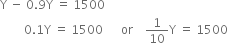 straight Y space minus space 0.9 straight Y space equals space 1500
space space space space space space space space 0.1 straight Y space equals space 1500 space space space space space space or space space space space 1 over 10 straight Y space equals space 1500