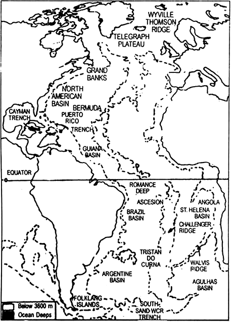&nbsp;Prepare a map of Atlantic Ocean floor mentioning ocean basins and the mid-Atlantic ridge.