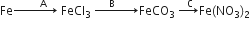 Fe rightwards arrow with space space space space space space space space space straight A space space space space on top space FeCl subscript 3 space end subscript rightwards arrow with space space space space space straight B space space space space space space space space on top FeCO subscript 3 space rightwards arrow with space space space straight C space space on top Fe left parenthesis NO subscript 3 right parenthesis subscript 2