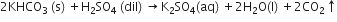 2 KHCO subscript 3 space left parenthesis straight s right parenthesis space plus straight H subscript 2 SO subscript 4 space left parenthesis dil right parenthesis space rightwards arrow straight K subscript 2 SO subscript 4 left parenthesis aq right parenthesis space plus 2 straight H subscript 2 straight O left parenthesis straight l right parenthesis space plus 2 CO subscript 2 upwards arrow