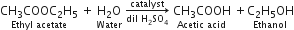 stack CH subscript 3 COOC subscript 2 straight H subscript 5 with Ethyl space acetate below space plus space stack straight H subscript 2 straight O with Water below space rightwards arrow from dil space straight H subscript 2 SO subscript 4 to catalyst of space stack CH subscript 3 COOH with Acetic space acid below space plus stack straight C subscript 2 straight H subscript 5 OH with Ethanol below