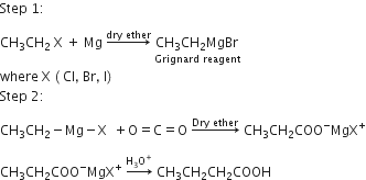 Step space 1 colon

CH subscript 3 CH subscript 2 space straight X space plus space Mg space rightwards arrow with dry space ether on top space stack CH subscript 3 CH subscript 2 MgBr with Grignard space reagent below
where space straight X space left parenthesis space Cl comma space Br comma space straight I right parenthesis space
Step space 2 colon space

CH subscript 3 CH subscript 2 minus Mg minus straight X space space plus straight O equals straight C equals straight O space rightwards arrow with Dry space ether on top space CH subscript 3 CH subscript 2 COO to the power of minus MgX to the power of plus

CH subscript 3 CH subscript 2 COO to the power of minus MgX to the power of plus space rightwards arrow with straight H subscript 3 straight O to the power of plus on top space CH subscript 3 CH subscript 2 CH subscript 2 COOH