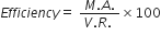 E f f i c i e n c y equals space fraction numerator M. A. over denominator V. R. space end fraction cross times 100