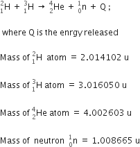 straight H presubscript 1 presuperscript 2 space plus space straight H presubscript 1 presuperscript 3 space rightwards arrow space He presubscript 2 presuperscript 4 space plus space straight n presubscript 0 presuperscript 1 space plus space straight Q space semicolon

space where space straight Q space is space the space enrgy space released

Mass space of space straight H presubscript 1 presuperscript 2 space space atom space equals space 2.014102 space straight u

Mass space of space straight H presubscript 1 presuperscript 3 space atom space equals space 3.016050 space straight u

Mass space of space He presubscript 2 presuperscript 4 space atom space equals space 4.002603 space straight u

Mass space of space space neutron space space straight n presubscript 0 presuperscript 1 space equals space 1.008665 space straight u