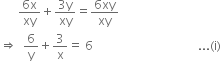 
space space space space space space fraction numerator 6 straight x over denominator xy end fraction plus fraction numerator 3 straight y over denominator xy end fraction equals fraction numerator 6 xy over denominator xy end fraction
rightwards double arrow space space 6 over straight y plus 3 over straight x equals space 6 space space space space space space space space space space space space space space space space space space space space space space space space space space space space space space space space space space space... left parenthesis straight i right parenthesis