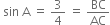 space sin space straight A space equals space 3 over 4 space equals space BC over AC