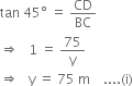 tan space 45 degree space equals space CD over BC
rightwards double arrow space space space 1 space equals space 75 over straight y
rightwards double arrow space space space straight y space equals space 75 space straight m space space space space.... left parenthesis straight i right parenthesis