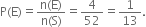 straight P left parenthesis straight E right parenthesis equals fraction numerator straight n left parenthesis straight E right parenthesis over denominator straight n left parenthesis straight S right parenthesis end fraction equals 4 over 52 equals 1 over 13.