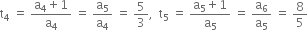 straight t subscript 4 space equals space fraction numerator straight a subscript 4 plus 1 over denominator straight a subscript 4 end fraction space equals space straight a subscript 5 over straight a subscript 4 space equals space 5 over 3 comma space space straight t subscript 5 space equals space fraction numerator straight a subscript 5 plus 1 over denominator straight a subscript 5 end fraction space equals space straight a subscript 6 over straight a subscript 5 space equals space 8 over 5
