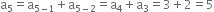 straight a subscript 5 equals straight a subscript 5 minus 1 end subscript plus straight a subscript 5 minus 2 end subscript equals straight a subscript 4 plus straight a subscript 3 equals 3 plus 2 equals 5