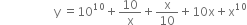 space space space space space space space space space space space space space space space space space space straight y space equals 10 to the power of 10 plus 10 over straight x plus straight x over 10 plus 10 straight x plus straight x to the power of 10