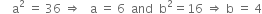 space space space space straight a squared space equals space 36 space rightwards double arrow space space space straight a space equals space 6 space space and space space straight b squared equals 16 space rightwards double arrow space straight b space equals space 4