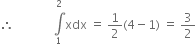 therefore space space space space space space space space space space space space space integral from 1 to 2 of xdx space equals space 1 half left parenthesis 4 minus 1 right parenthesis space equals space 3 over 2