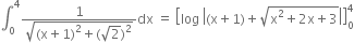 integral subscript 0 superscript 4 fraction numerator 1 over denominator square root of left parenthesis straight x plus 1 right parenthesis squared plus left parenthesis square root of 2 right parenthesis squared end root end fraction dx space equals space open square brackets log space open vertical bar left parenthesis straight x plus 1 right parenthesis plus square root of straight x squared plus 2 straight x plus 3 end root close vertical bar close square brackets subscript 0 superscript 4

