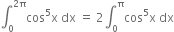 integral subscript 0 superscript 2 straight pi end superscript cos to the power of 5 straight x space dx space equals space 2 integral subscript 0 superscript straight pi cos to the power of 5 straight x space dx
