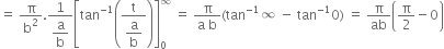 equals space straight pi over straight b squared. fraction numerator 1 over denominator begin display style straight a over straight b end style end fraction open square brackets tan to the power of negative 1 end exponent open parentheses fraction numerator straight t over denominator begin display style straight a over straight b end style end fraction close parentheses close square brackets subscript 0 superscript infinity space equals space fraction numerator straight pi over denominator straight a space straight b end fraction left parenthesis tan to the power of negative 1 end exponent infinity space minus space tan to the power of negative 1 end exponent 0 right parenthesis space equals space straight pi over ab open parentheses straight pi over 2 minus 0 close parentheses