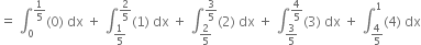 equals space integral subscript 0 superscript 1 fifth end superscript left parenthesis 0 right parenthesis space dx space plus space integral subscript 1 fifth end subscript superscript 2 over 5 end superscript left parenthesis 1 right parenthesis space dx space plus space integral subscript 2 over 5 end subscript superscript 3 over 5 end superscript left parenthesis 2 right parenthesis space dx space plus space integral subscript 3 over 5 end subscript superscript 4 over 5 end superscript left parenthesis 3 right parenthesis space dx space plus space integral subscript 4 over 5 end subscript superscript 1 left parenthesis 4 right parenthesis space dx