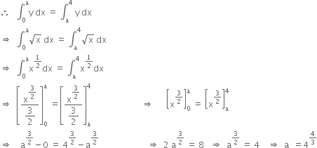 therefore space space space integral subscript 0 superscript straight a straight y space dx space equals space integral subscript straight a superscript 4 space straight y space dx
rightwards double arrow space space integral subscript 0 superscript straight a square root of straight x space dx space equals space integral subscript straight a superscript 4 square root of straight x space dx
rightwards double arrow space space integral subscript 0 superscript straight a straight x to the power of 1 half end exponent dx space equals space integral subscript straight a superscript 4 straight x to the power of 1 half end exponent dx
rightwards double arrow space space open square brackets fraction numerator straight x to the power of begin display style 3 over 2 end style end exponent over denominator begin display style 3 over 2 end style end fraction close square brackets subscript 0 superscript straight a space equals open square brackets fraction numerator straight x to the power of begin display style 3 over 2 end style end exponent over denominator begin display style 3 over 2 end style end fraction close square brackets subscript straight a superscript 4 space space space space space space space space space space space space space space space space space space space space space space space space rightwards double arrow space space space space space space open square brackets straight x to the power of 3 over 2 end exponent close square brackets subscript 0 superscript straight a space equals space open square brackets straight x to the power of 3 over 2 end exponent close square brackets subscript straight a superscript 4
rightwards double arrow space space space space straight a to the power of 3 over 2 end exponent minus 0 space equals space 4 to the power of 3 over 2 end exponent minus straight a to the power of 3 over 2 end exponent space space space space space space space space space space space space space space space space space space space space space space space rightwards double arrow space space 2 space straight a to the power of 3 over 2 end exponent space equals space 8 space space space rightwards double arrow space space straight a to the power of 3 over 2 end exponent space equals space 4 space space space space rightwards double arrow space space straight a space space equals 4 to the power of 4 over 3 end exponent