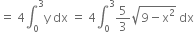equals space 4 integral subscript 0 superscript 3 straight y space dx space equals space 4 integral subscript 0 superscript 3 5 over 3 square root of 9 minus straight x squared end root space dx