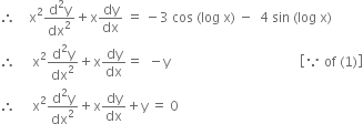 therefore space space space space straight x squared fraction numerator straight d squared straight y over denominator dx squared end fraction plus straight x dy over dx space equals space minus 3 space cos space left parenthesis log space straight x right parenthesis space minus space space 4 space sin space left parenthesis log space straight x right parenthesis
therefore space space space space space straight x squared fraction numerator straight d squared straight y over denominator dx squared end fraction plus straight x dy over dx equals space space minus straight y space space space space space space space space space space space space space space space space space space space space space space space space space space space space space space space space space space space space space space space open square brackets because space of space left parenthesis 1 right parenthesis close square brackets
therefore space space space space space straight x squared fraction numerator straight d squared straight y over denominator dx squared end fraction plus straight x dy over dx plus straight y space equals space 0
