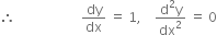 therefore space space space space space space space space space space space space space space space space space space space space dy over dx space equals space 1 comma space space space space fraction numerator straight d squared straight y over denominator dx squared end fraction space equals space 0