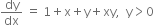 dy over dx space equals space 1 plus straight x plus straight y plus xy comma space space straight y greater than 0