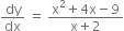 dy over dx space equals space fraction numerator straight x squared plus 4 straight x minus 9 over denominator straight x plus 2 end fraction