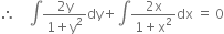 therefore space space space space integral fraction numerator 2 straight y over denominator 1 plus straight y squared end fraction dy plus integral fraction numerator 2 straight x over denominator 1 plus straight x squared end fraction dx space equals space 0