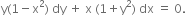 straight y left parenthesis 1 minus straight x squared right parenthesis space dy space plus space straight x space left parenthesis 1 plus straight y squared right parenthesis space dx space equals space 0.