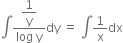 integral fraction numerator begin display style 1 over straight y end style over denominator log space straight y end fraction dy space equals space integral 1 over straight x dx