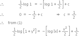 therefore space space space space space space space space space space space space space space space 1 half log space 1 space space equals space minus open square brackets log space 1 plus 1 half close square brackets plus straight c
therefore space space space space space space space space space space space space space space space space 0 space equals space minus 1 half plus straight c space space space space space space space space space space space space space space rightwards double arrow space space space straight c space equals space 1 half
therefore space space space space from space left parenthesis 1 right parenthesis
space space space space space space space space space space space space space 1 half log space open square brackets 1 plus straight y squared close square brackets equals space minus open square brackets log space open vertical bar straight x close vertical bar plus straight x squared over 2 close square brackets plus 1 half