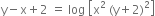 straight y minus straight x plus 2 space equals space log space open square brackets straight x squared space left parenthesis straight y plus 2 right parenthesis squared close square brackets