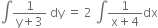 integral fraction numerator 1 over denominator straight y plus 3 end fraction space dy space equals space 2 space integral fraction numerator 1 over denominator straight x plus 4 end fraction dx