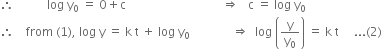 therefore space space space space space space space space space space space log space straight y subscript 0 space equals space 0 plus straight c space space space space space space space space space space space space space space space space space space space space space space space space space space space space space space space space rightwards double arrow space space space straight c space equals space log space straight y subscript 0
therefore space space space space from space left parenthesis 1 right parenthesis comma space log space straight y space equals space straight k space straight t space plus space log space straight y subscript 0 space space space space space space space space space space space space space space rightwards double arrow space space log space open parentheses straight y over straight y subscript 0 close parentheses space equals space straight k space straight t space space space space space... left parenthesis 2 right parenthesis