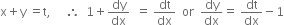 straight x plus straight y space equals straight t comma space space space space space therefore space space 1 plus dy over dx space space equals space dt over dx space space or space space dy over dx equals space dt over dx minus 1