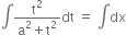 integral fraction numerator straight t squared over denominator straight a squared plus straight t squared end fraction dt space equals space integral dx