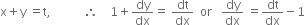 straight x plus straight y space equals straight t comma space space space space space space space space space space space therefore space space space space 1 plus dy over dx equals space dt over dx space space or space space space dy over dx space equals dt over dx minus 1