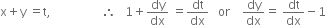 straight x plus straight y space equals straight t comma space space space space space space space space space space space space space space space space space therefore space space space 1 plus dy over dx space equals dt over dx space space space or space space space space dy over dx equals space dt over dx minus 1
