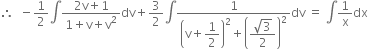 therefore space space minus 1 half integral fraction numerator 2 straight v plus 1 over denominator 1 plus straight v plus straight v squared end fraction dv plus 3 over 2 integral fraction numerator 1 over denominator open parentheses straight v plus begin display style 1 half end style close parentheses squared plus open parentheses begin display style fraction numerator square root of 3 over denominator 2 end fraction end style close parentheses squared end fraction dv space equals space integral 1 over straight x dx