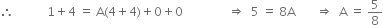 therefore space space space space space space space space space space space 1 plus 4 space equals space straight A left parenthesis 4 plus 4 right parenthesis plus 0 plus 0 space space space space space space space space space space space space space space space rightwards double arrow space space 5 space equals space 8 straight A space space space space space space space rightwards double arrow space space straight A space equals space 5 over 8