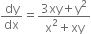 dy over dx equals fraction numerator 3 xy plus straight y squared over denominator straight x squared plus xy end fraction