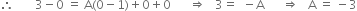 therefore space space space space space space space 3 minus 0 space equals space straight A left parenthesis 0 minus 1 right parenthesis plus 0 plus 0 space space space space space space rightwards double arrow space space space 3 equals space space minus straight A space space space space space space rightwards double arrow space space space straight A space equals space minus 3