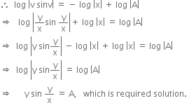 therefore space space log space open vertical bar straight v space sinv close vertical bar space equals space minus space log space open vertical bar straight x close vertical bar space plus space log space open vertical bar straight A close vertical bar
rightwards double arrow space space space log space open vertical bar straight y over straight x sin space straight y over straight x close vertical bar plus space log space open vertical bar straight x close vertical bar space equals space log space open vertical bar straight A close vertical bar
rightwards double arrow space space log space open vertical bar straight y space sin straight y over straight x close vertical bar space minus space log space open vertical bar straight x close vertical bar space plus space log space open vertical bar straight x close vertical bar space equals space log space open vertical bar straight A close vertical bar
rightwards double arrow space space log space open vertical bar straight y space sin straight y over straight x close vertical bar space equals space log space open vertical bar straight A close vertical bar
rightwards double arrow space space space space space space straight y space sin space straight y over straight x space equals space straight A comma space space space which space is space required space solution. space