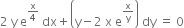 2 space straight y space straight e to the power of straight x over 4 end exponent space dx plus open parentheses straight y minus 2 space straight x space straight e to the power of straight x over straight y end exponent close parentheses space dy space equals space 0
